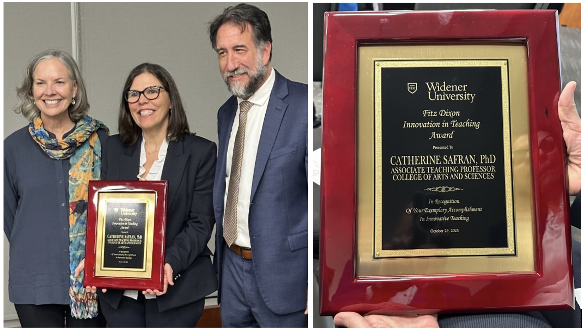 Three people smiling with award, with a close up of the award plaque.